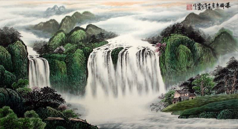 Waterfall Hanging on the East Cliff - Large Landscape Painting