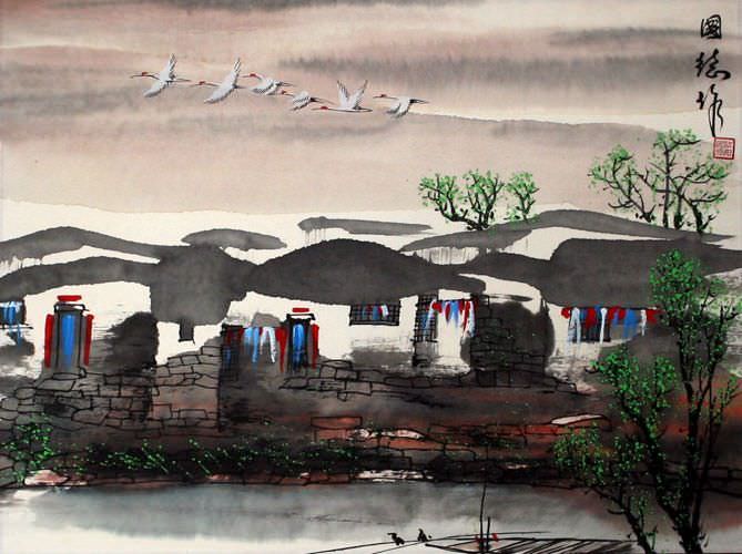 Birds Over Suzhou - Asian Watertown Painting