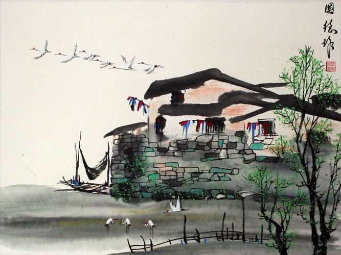 Birds Over Suzhou - Chinese Canal Town Painting