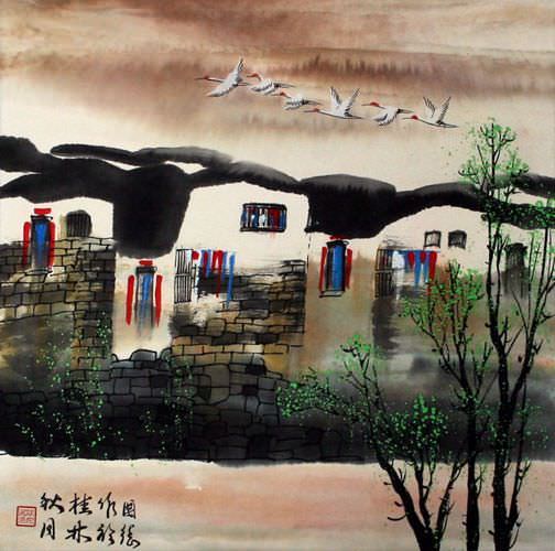 Birds Over Suzhou Waterways - Chinese Venice Painting