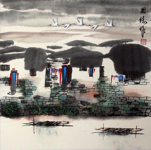 Birds Over Suzhou - Chinese Watertown Painting