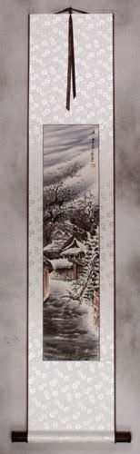 Winter Homes in the Mountains Landscape Wall Scroll