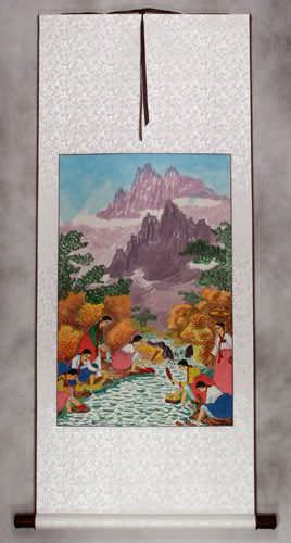 Ladies Washing - North Korean Folk Art Scroll