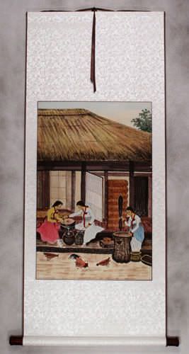 North Korean Village Ladies Handmade Wall Scroll