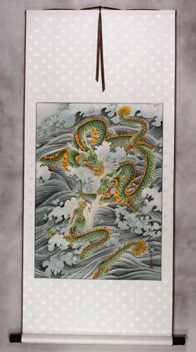 Three Green Dragons - White Asian Silk Scroll