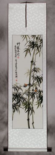 Chinese Green Bamboo and Birds Wall Scroll