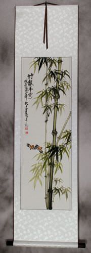 Chinese Green Bamboo and Birds Wall Scroll