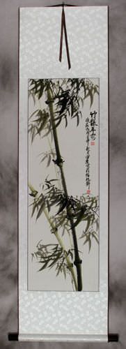 Chinese Green Bamboo and Birds Wall Scroll
