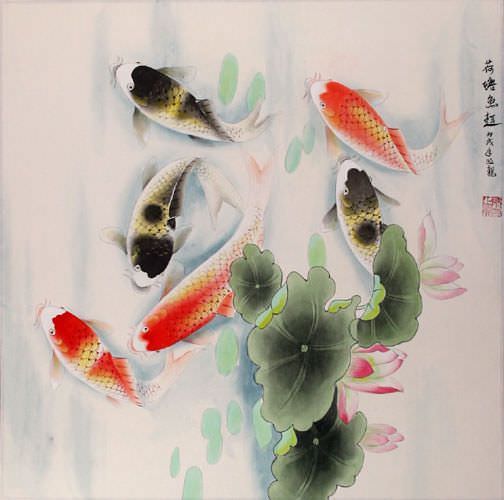 Koi Fish Having Fun in the Lotus Pond Painting