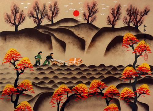 Plowing and Weeding - Chinese Peasant Folk Art Painting