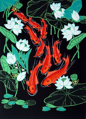 Lotus Flowers and Nine Fish - Chinese Folk Art Painting