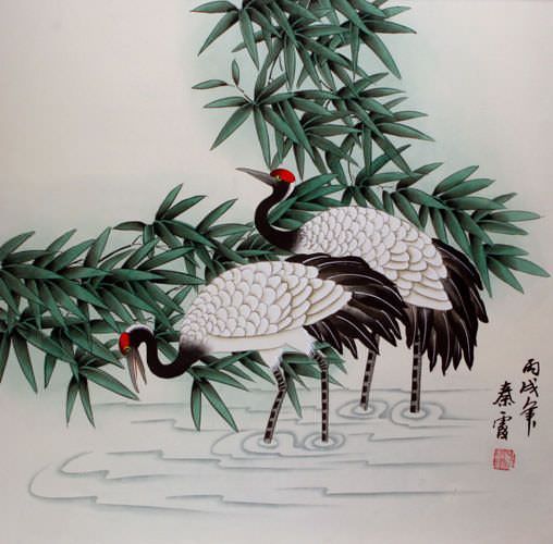 Chinese Cranes and Bamboo Painting - Chinese Artwork