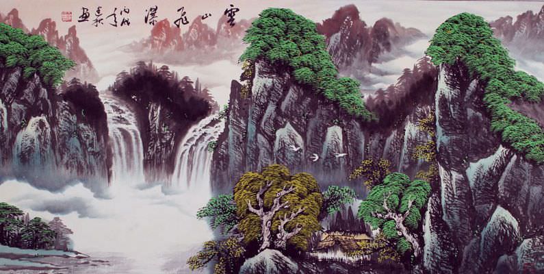 Cloudy Mountain Waterfall - Asian Art Landscape