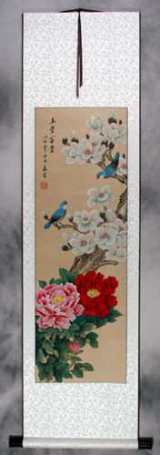 Little Birds, Yulan & Peony Flowers Wall Scroll