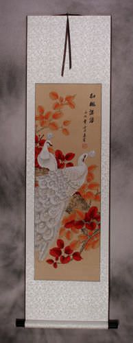 Red Maple Flowers - Autumn Peacock Wall Scroll