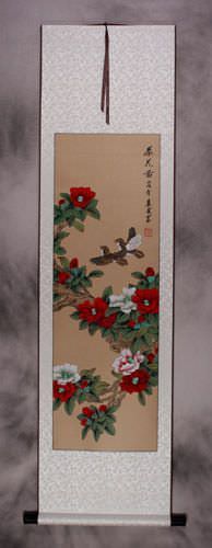 Mountain Tea (Camellia Flower) and Finches Wall Scroll