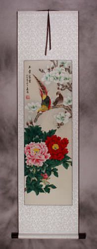 Chinese Pheasants, Yulan & Peony Flowers Wall Scroll