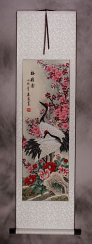 Plum Blossoms & Cranes Welcoming The Spring Wall Scroll