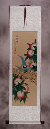 Many Good Wishes and a Very Long Life Peach Tree Wall Scroll
