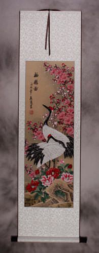 Plum Blossoms, Peony Flowers & Cranes Wall Scroll