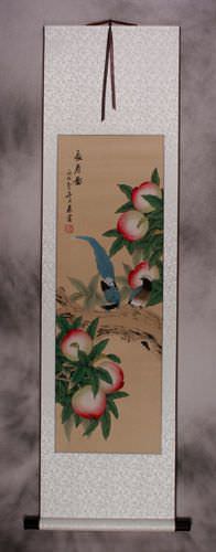 Many Good Wishes and a Very Long Life Peach Tree Wall Scroll
