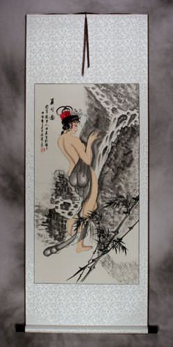 Summer Bamboo Semi-Nude Sexy Asian Woman Wall Scroll