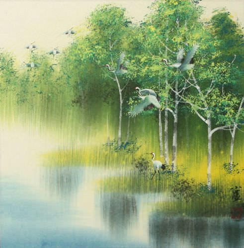 Spring / Summer Asian Cranes Landscape Painting