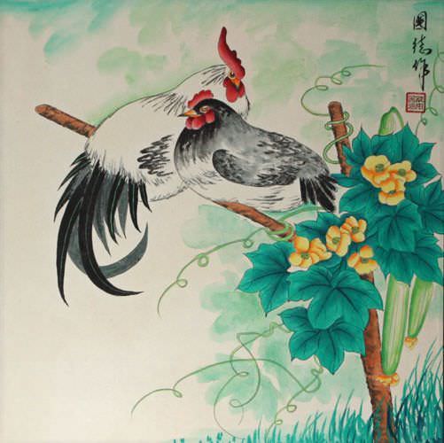 Perched Chicken and Cock Painting