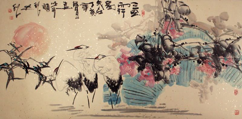 Traditional Chinese Flowers and Cranes Large Painting