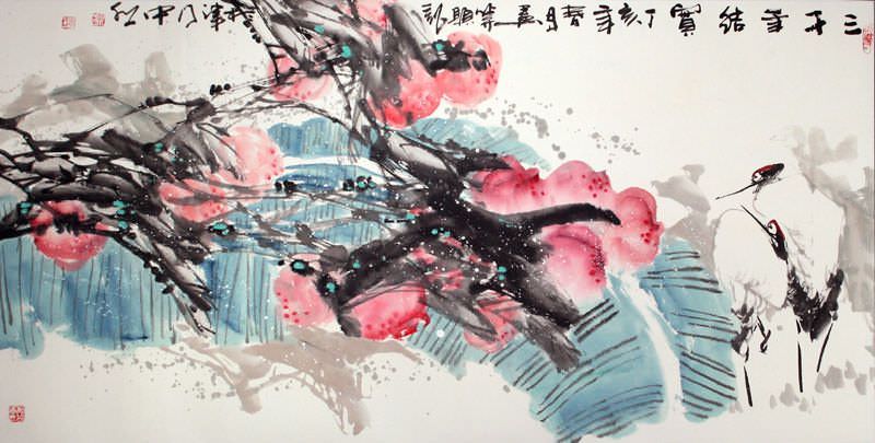 3000 Year Harvest - Flowers and Cranes - Large Painting