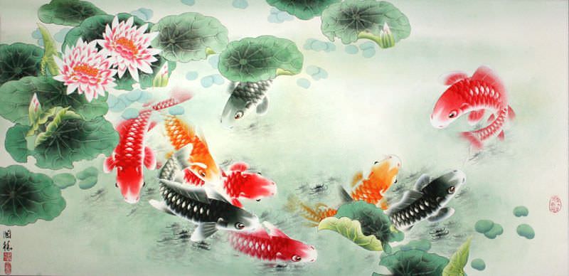 Koi Fish and Lotus Flower - Colorful Asian Art Painting