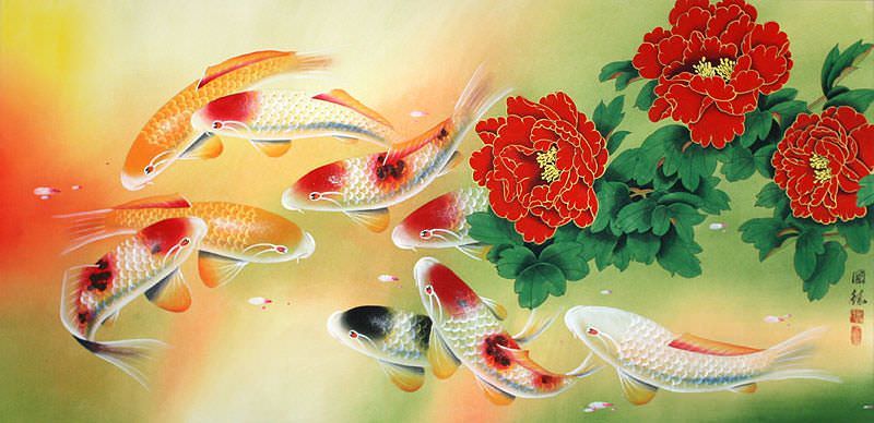 Koi Fish and Red Flowers - Chinese Painting