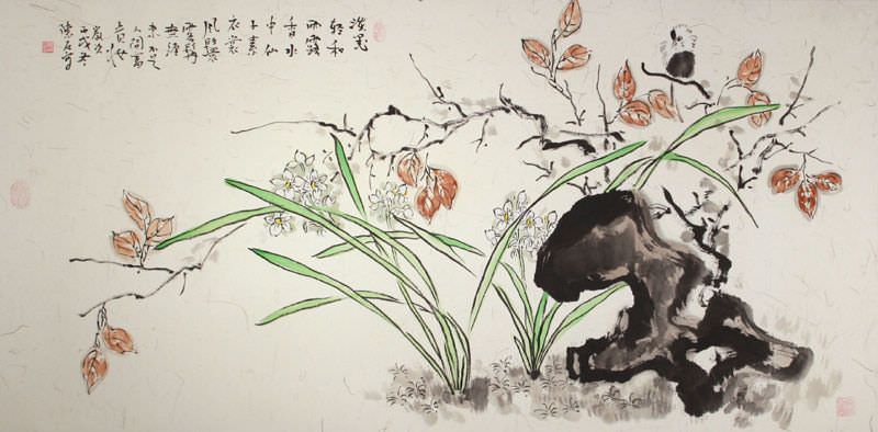 Ancient Chinese Style Bird and Flower Wide Painting