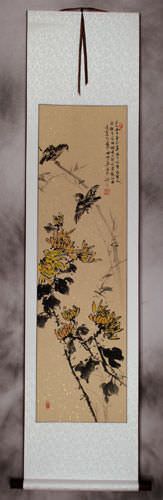 Birds and Chrysanthemum Flowers Wall Scroll