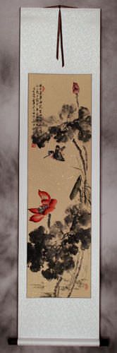 Bird and Lotus Flowers Wall Scroll