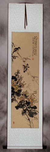Bird and Chrysanthemum Flowers Wall Scroll
