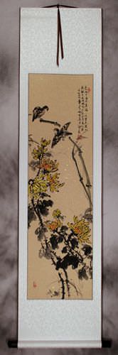 Chinese Birds and Chrysanthemum Flowers Wall Scroll