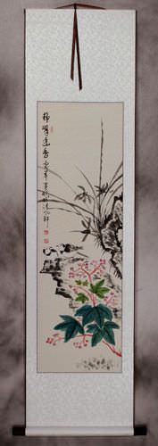 Green Freshness from Afar - Chinese Birds Wall Scroll