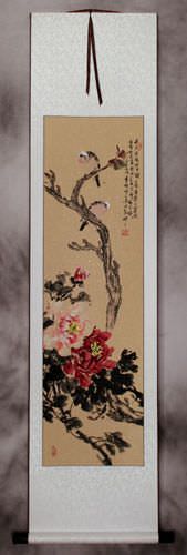Birds and Peony Flowers Wall Scroll
