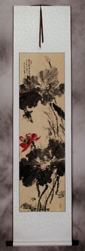 Bird and Lotus Flowers Wall Scroll