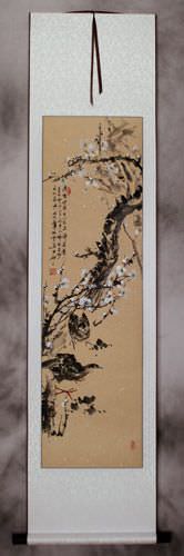 Birds and Plum Blossom Flowers Wall Scroll