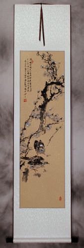 Birds and Plum Blossom Flowers Wall Scroll