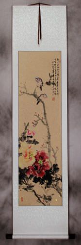 Birds and Peony Flowers Wall Scroll