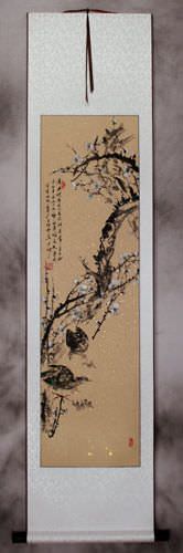 Birds and Plum Blossom Flowers Wall Scroll
