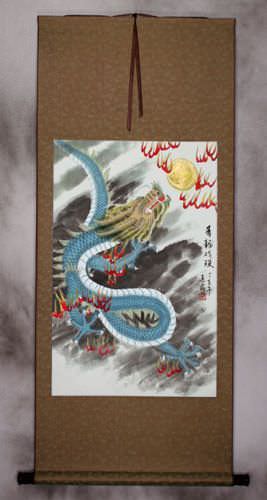 Blue Chinese Dragon - Asian Silk Scroll