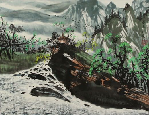 Springtime Riverside Village Landscape Painting