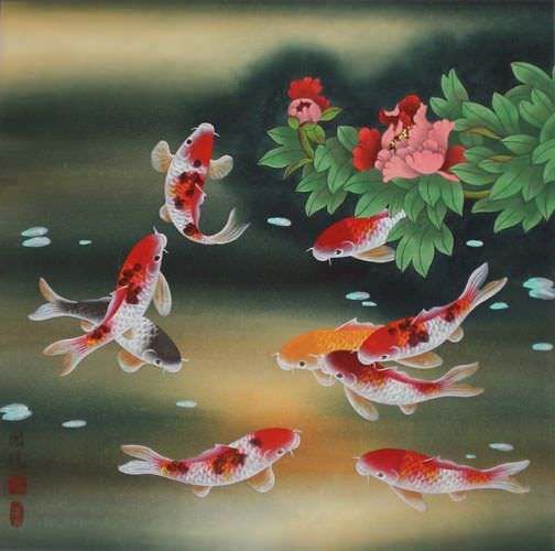 Nine Koi Fish and Flowers Chinese Painting