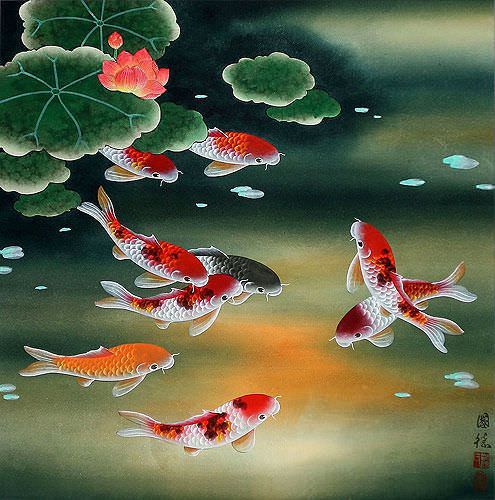 Nine Koi Fish and Lotus Flowers Painting - Asian Art