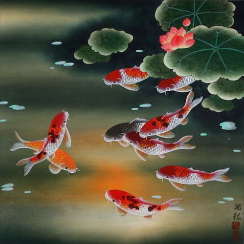 Nine Koi Fish and Lotus Flowers Painting - Asian Art