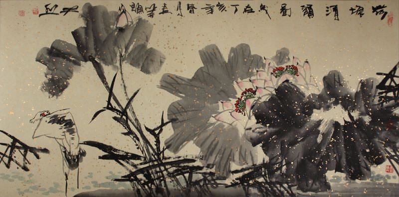 Traditional Lotus Flower Pond and Cranes Large Painting